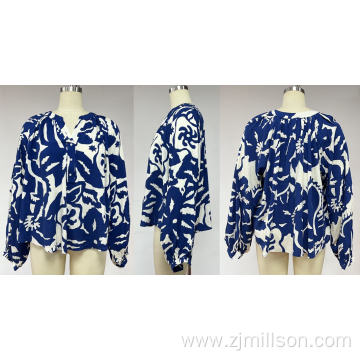 Printing Band Collar Blouse with Balloon Sleeve